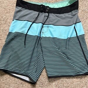 Black and Light Blue Striped Men's Swim Board Shorts